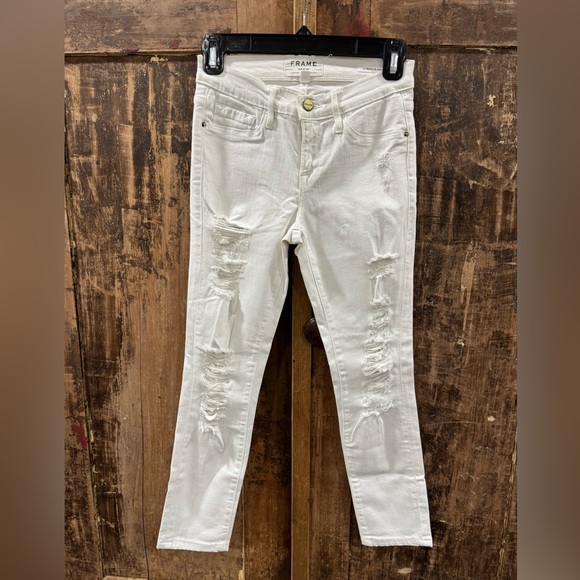 FRAME WHITE DENIM JEANS WOMEN WHITE DISTRESSED HEMMED 25 SHREDDED HOLES - Picture 2 of 14